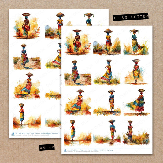 A4 and US Letter format comparison showing African Woman Carrying Basket fussy cut pages for print and cut crafting