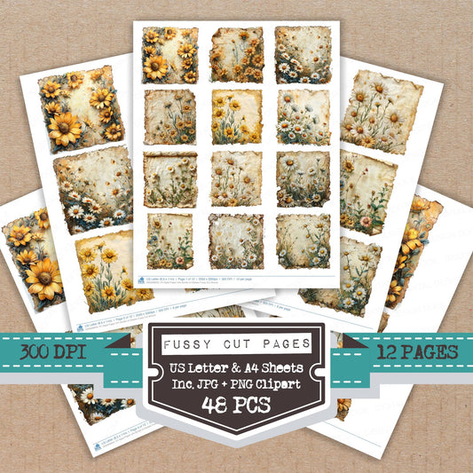 Aged with Border of Daisies fussy cut printable sheets for junk journaling, scrapbooking, and paper craft projects