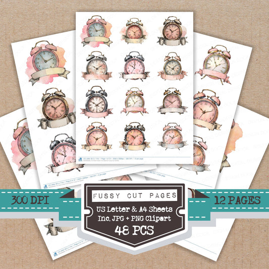 Alarm Clock Front Banner fussy cut printable sheets for junk journaling, scrapbooking, and paper craft projects