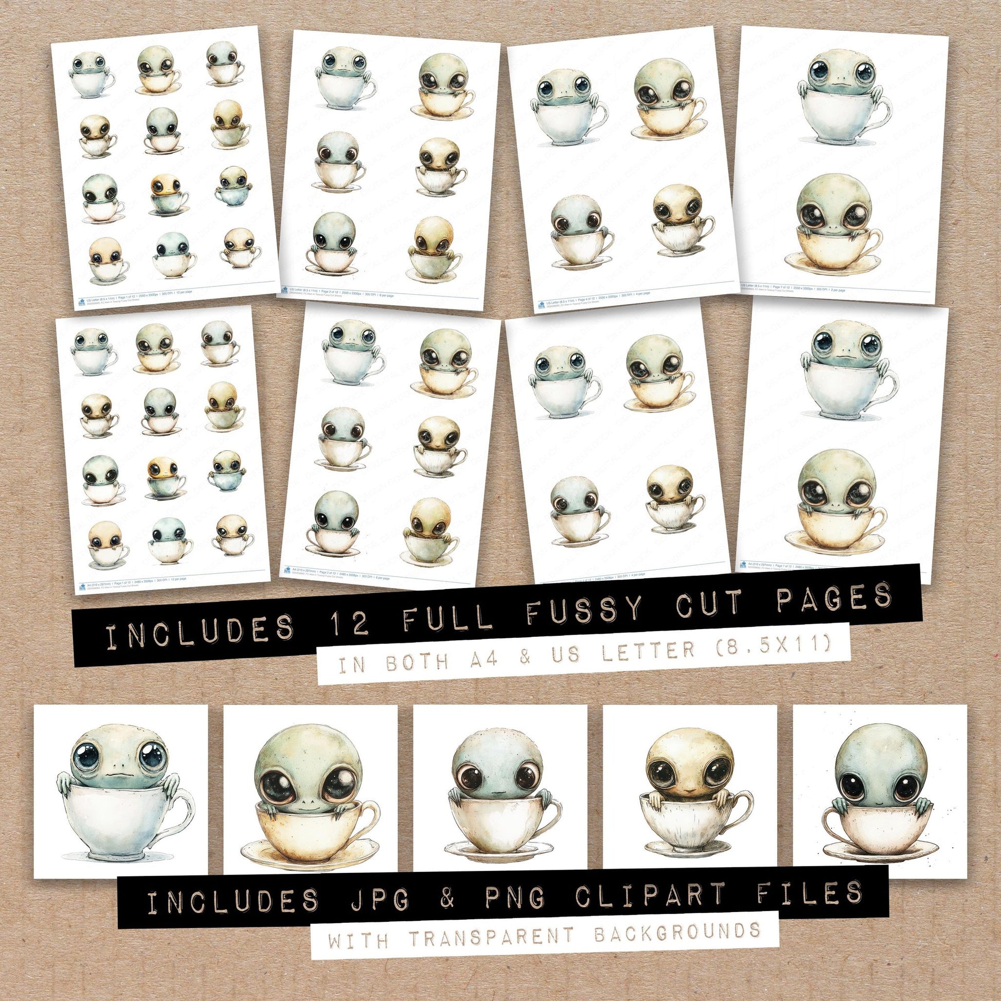 Full collection view of Alien in Teacup fussy cut sheets with bonus clipart JPG and PNG files