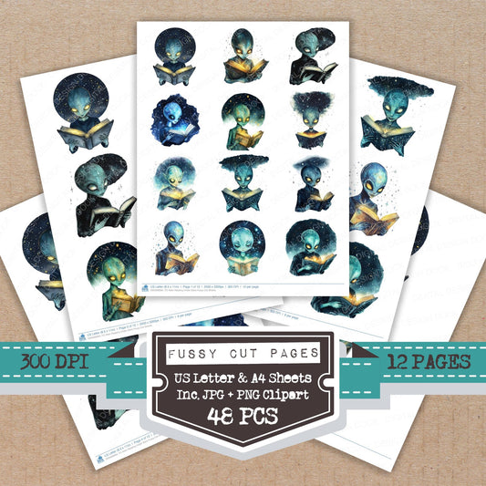 Alien Reading Under Stars fussy cut printable sheets for junk journaling, scrapbooking, and paper craft projects