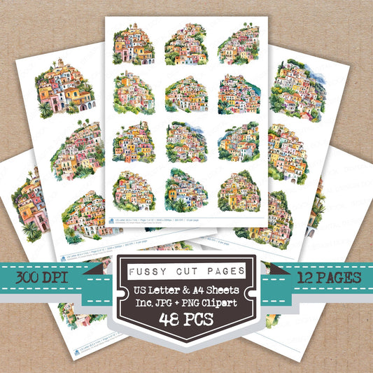 Amalfi Hillside Village fussy cut printable sheets for junk journaling, scrapbooking, and paper craft projects