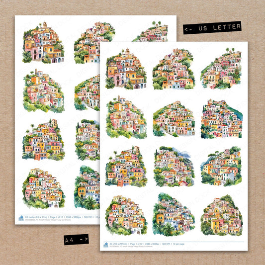 A4 and US Letter format comparison showing Amalfi Hillside Village fussy cut pages for print and cut crafting