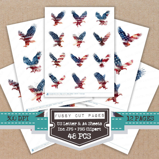American Eagle Flag Design fussy cut printable sheets for junk journaling, scrapbooking, and paper craft projects