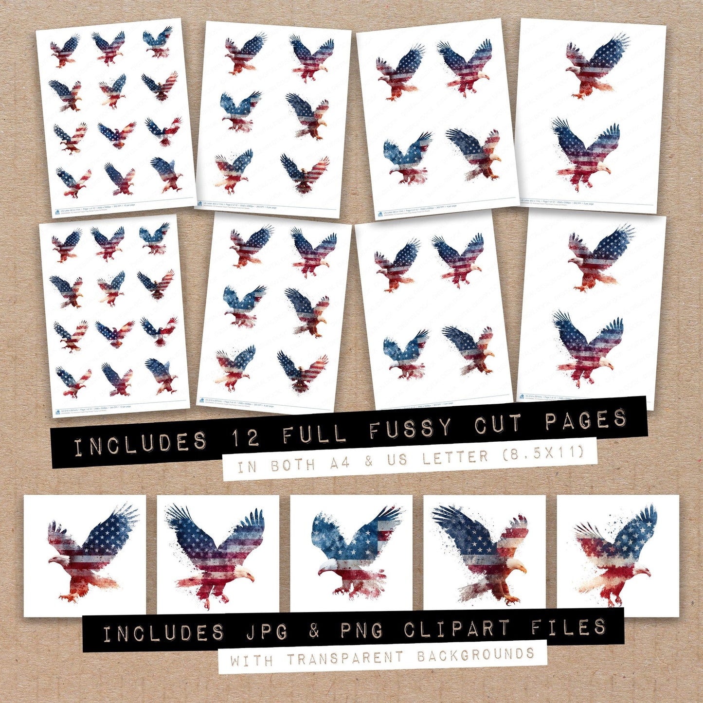 Full collection view of American Eagle Flag Design fussy cut sheets with bonus clipart JPG and PNG files
