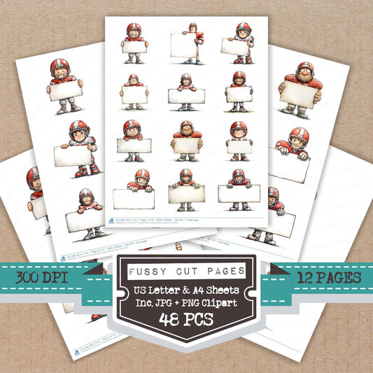 American Football Player Holding Banner fussy cut printable sheets for junk journaling, scrapbooking, and paper craft projects