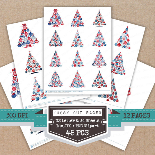 Americana Christmas Tree fussy cut printable sheets for junk journaling, scrapbooking, and paper craft projects