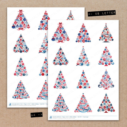 A4 and US Letter format comparison showing Americana Christmas Tree fussy cut pages for print and cut crafting
