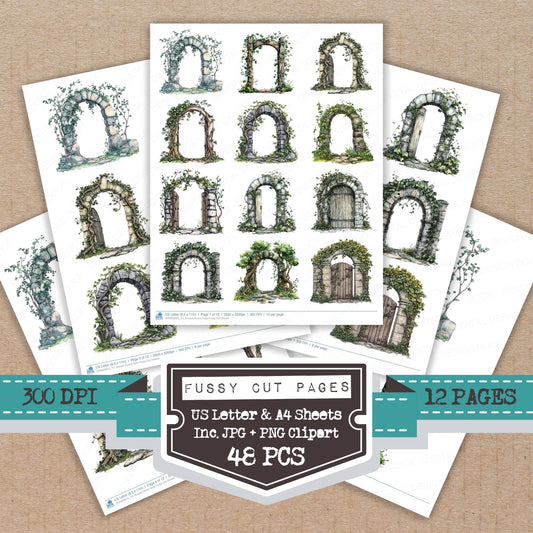 Ancient Forest Gate fussy cut printable sheets for junk journaling, scrapbooking, and paper craft projects