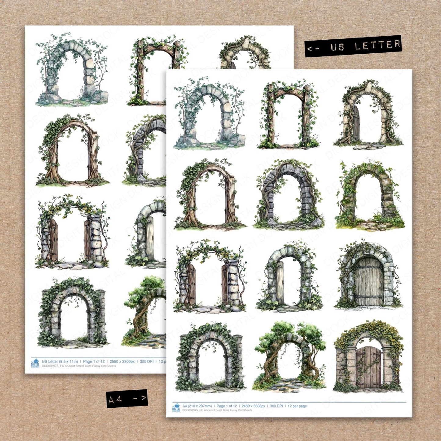 A4 and US Letter format comparison showing Ancient Forest Gate fussy cut pages for print and cut crafting