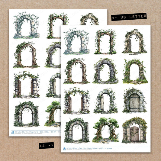 A4 and US Letter format comparison showing Ancient Forest Gate fussy cut pages for print and cut crafting