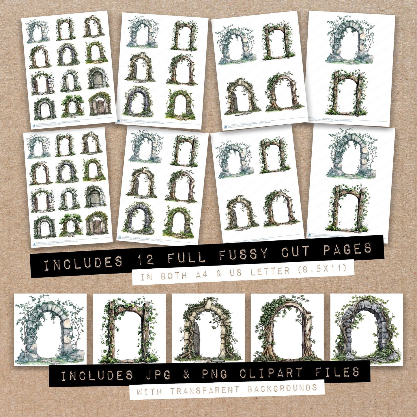 Full collection view of Ancient Forest Gate fussy cut sheets with bonus clipart JPG and PNG files