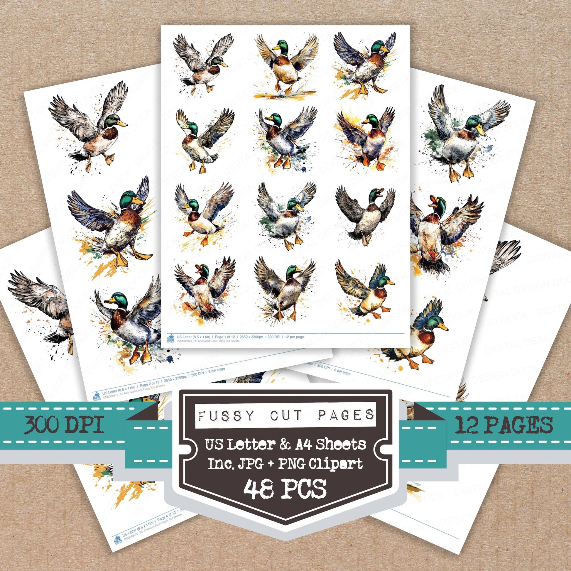 Animated Duck fussy cut printable sheets for junk journaling, scrapbooking, and paper craft projects