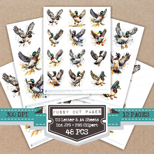 Animated Duck fussy cut printable sheets for junk journaling, scrapbooking, and paper craft projects