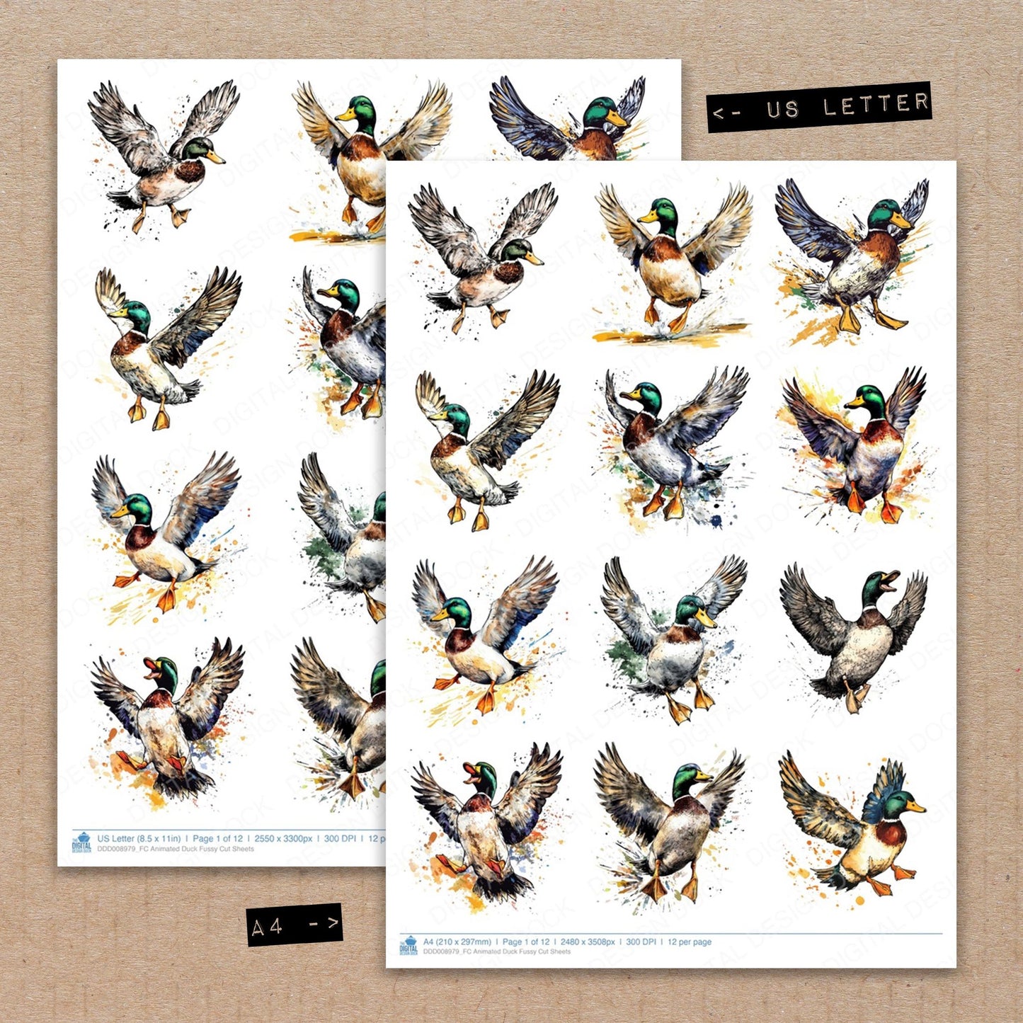 A4 and US Letter format comparison showing Animated Duck fussy cut pages for print and cut crafting