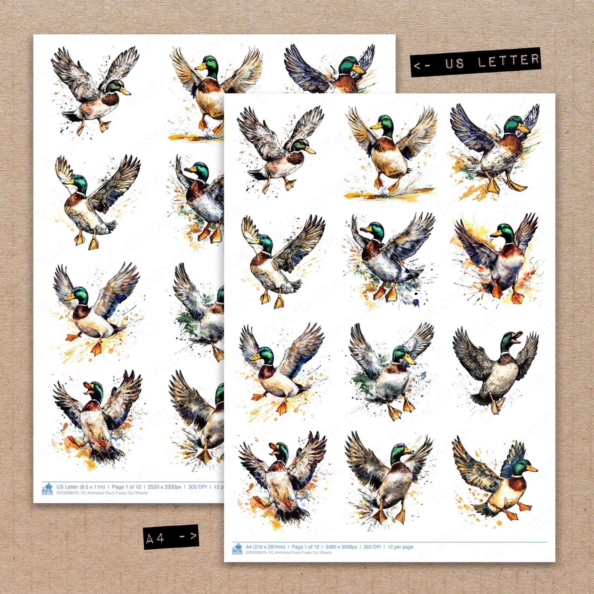 A4 and US Letter format comparison showing Animated Duck fussy cut pages for print and cut crafting
