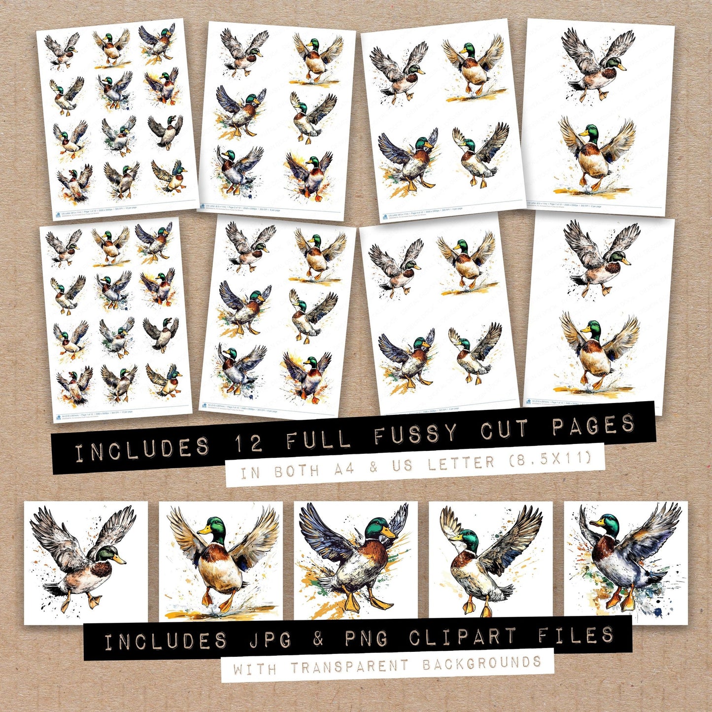 Full collection view of Animated Duck fussy cut sheets with bonus clipart JPG and PNG files