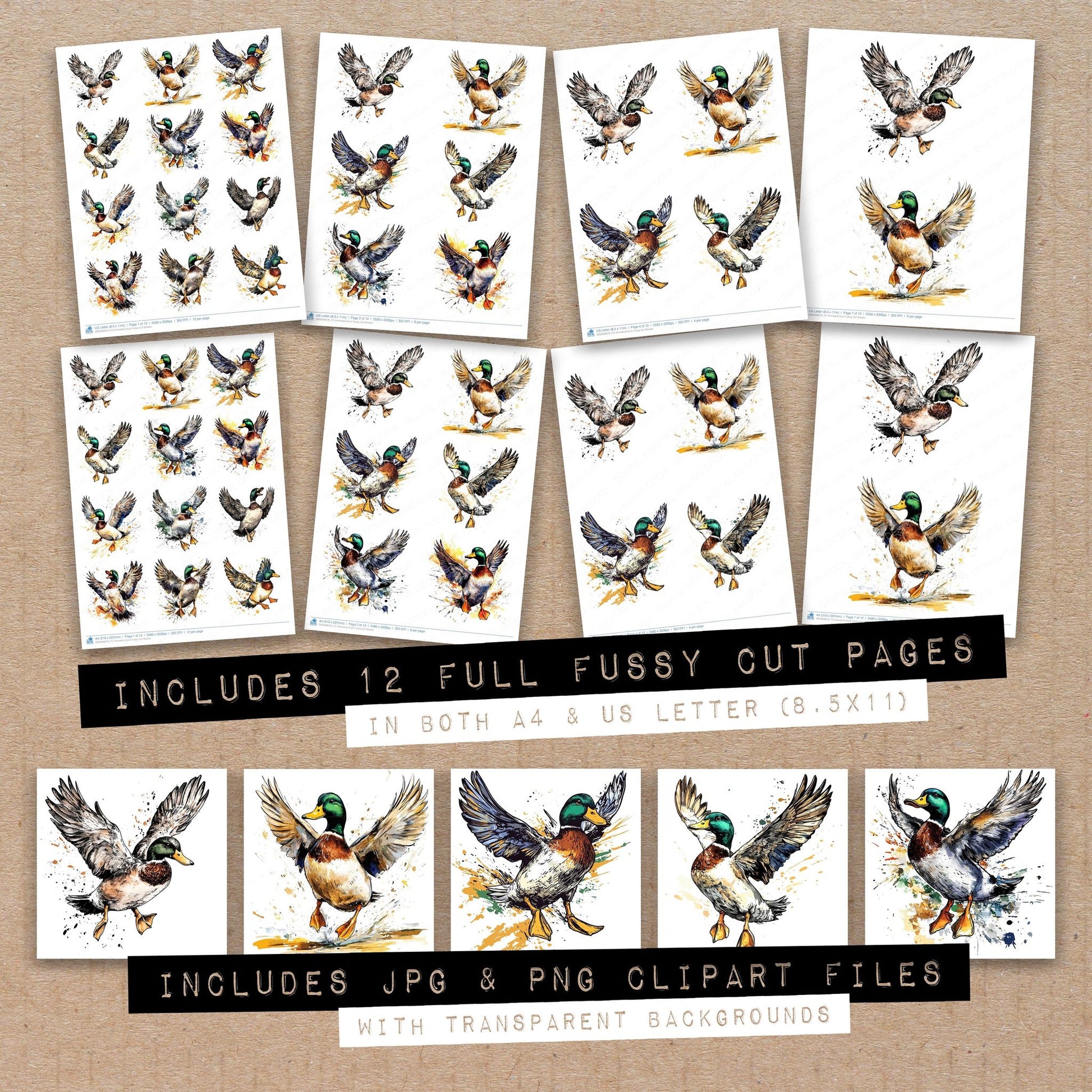 Full collection view of Animated Duck fussy cut sheets with bonus clipart JPG and PNG files
