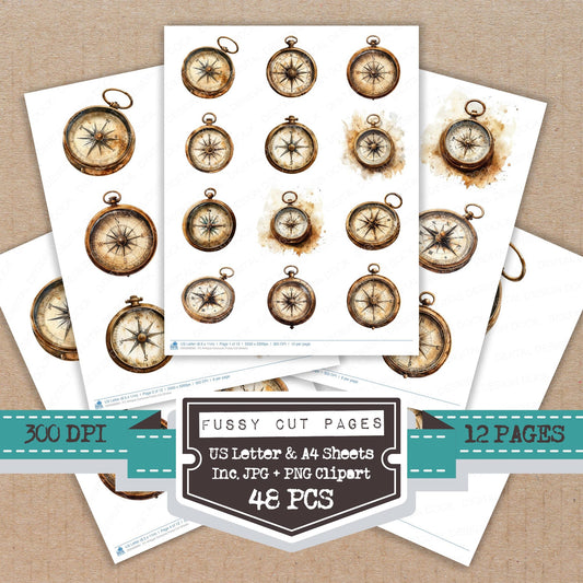 Antique Compass fussy cut printable sheets for junk journaling, scrapbooking, and paper craft projects