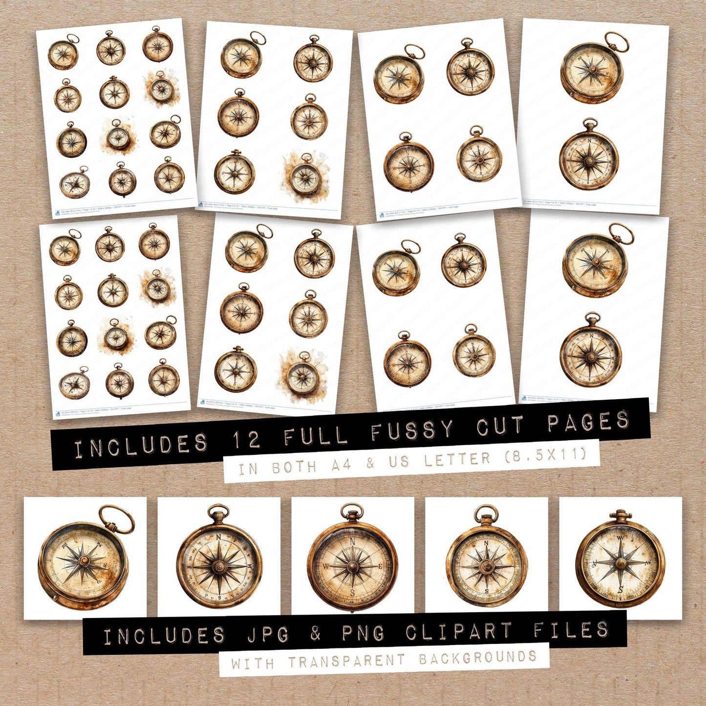 Full collection view of Antique Compass fussy cut sheets with bonus clipart JPG and PNG files