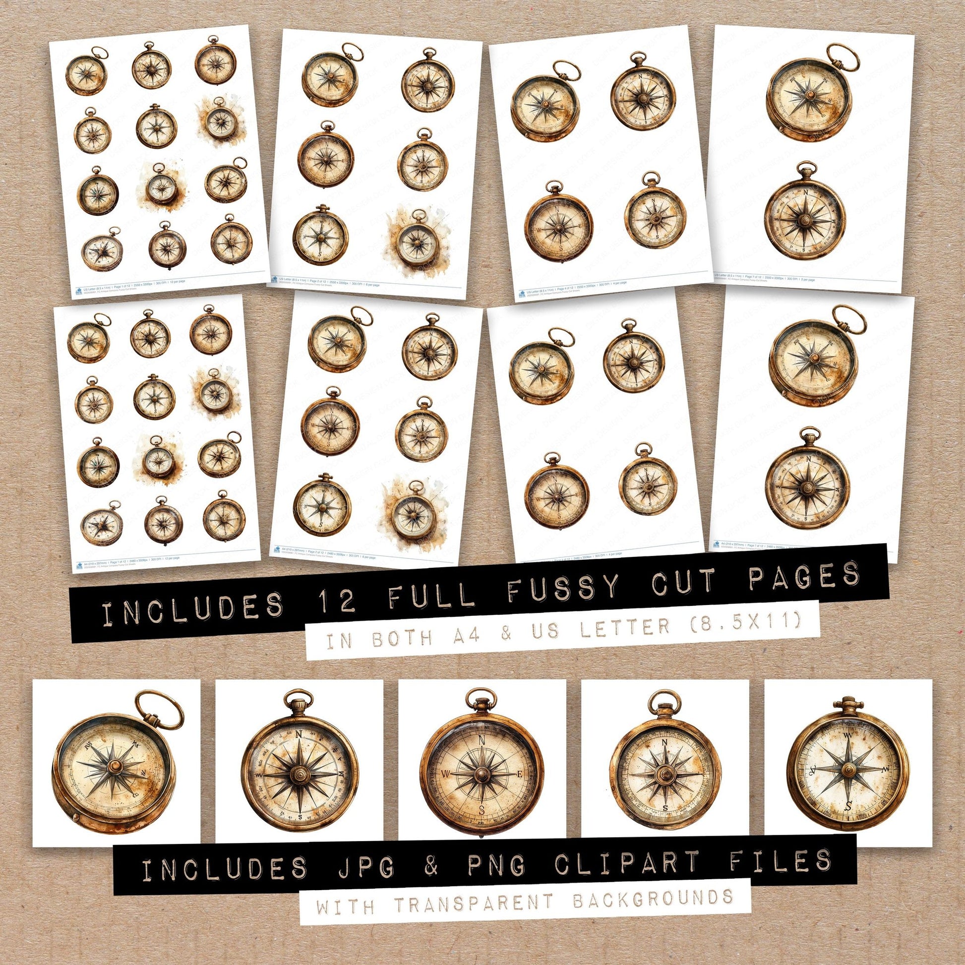 Full collection view of Antique Compass fussy cut sheets with bonus clipart JPG and PNG files
