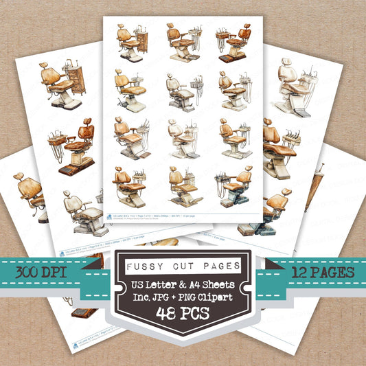 Antique Dentist Chair fussy cut printable sheets for junk journaling, scrapbooking, and paper craft projects