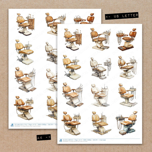 A4 and US Letter format comparison showing Antique Dentist Chair fussy cut pages for print and cut crafting