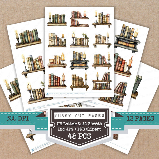 Antique Library Shelf fussy cut printable sheets for junk journaling, scrapbooking, and paper craft projects