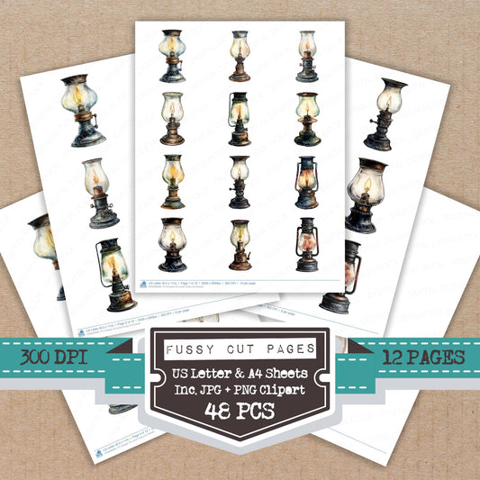 Antique Oil Lamp fussy cut printable sheets for junk journaling, scrapbooking, and paper craft projects