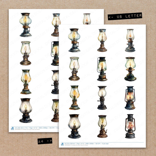 A4 and US Letter format comparison showing Antique Oil Lamp fussy cut pages for print and cut crafting