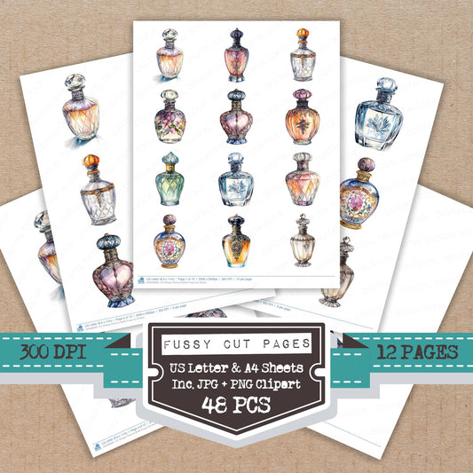 Antique Perfume Bottle fussy cut printable sheets for junk journaling, scrapbooking, and paper craft projects
