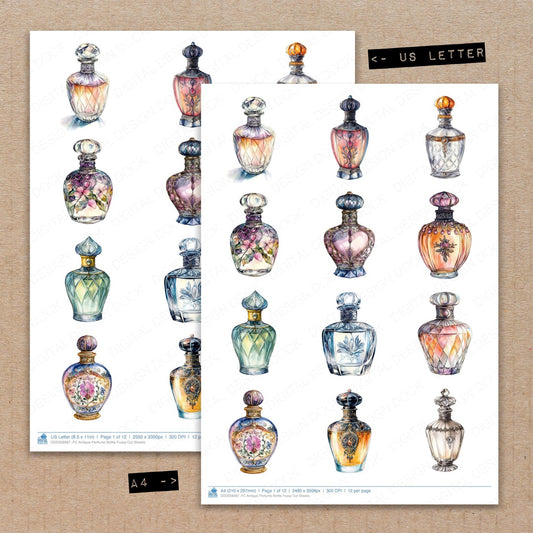 A4 and US Letter format comparison showing Antique Perfume Bottle fussy cut pages for print and cut crafting