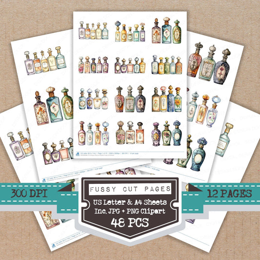 Antique Perfume Bottles fussy cut printable sheets for junk journaling, scrapbooking, and paper craft projects