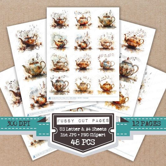 Antique Teapot with Music Notes fussy cut printable sheets for junk journaling, scrapbooking, and paper craft projects