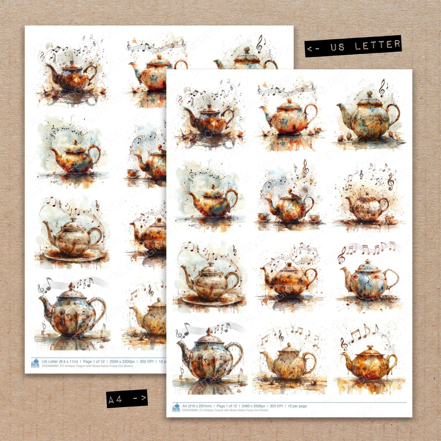 A4 and US Letter format comparison showing Antique Teapot with Music Notes fussy cut pages for print and cut crafting