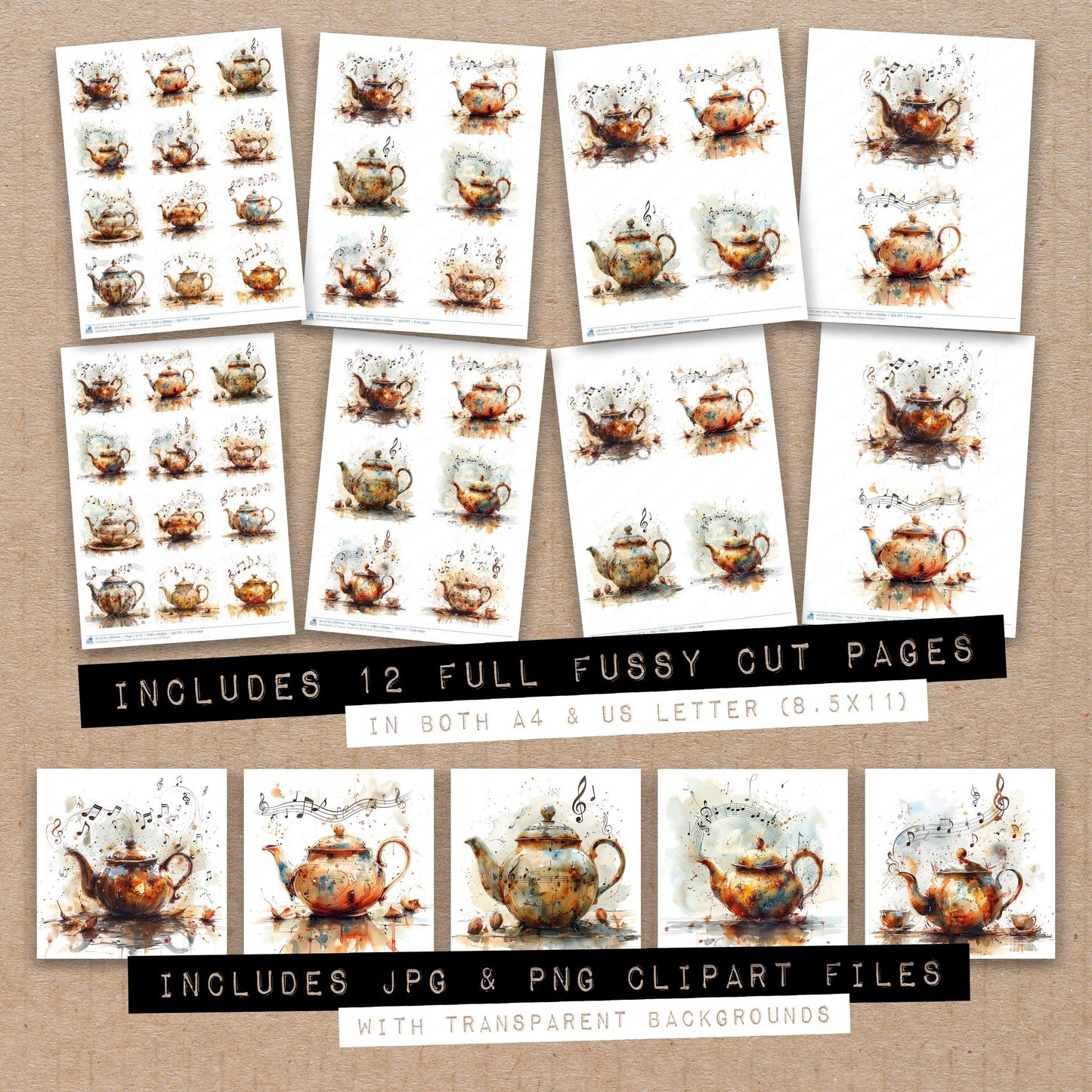 Full collection view of Antique Teapot with Music Notes fussy cut sheets with bonus clipart JPG and PNG files
