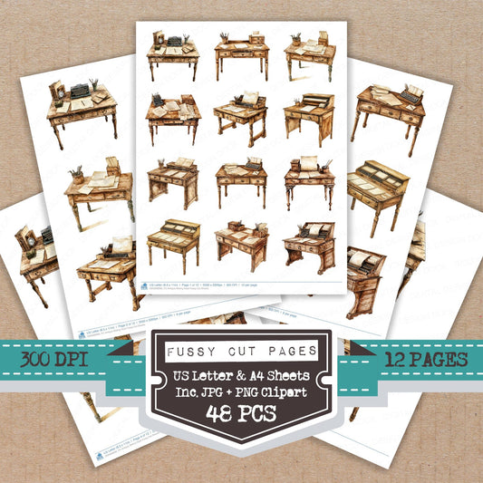 Antique Writing Desk fussy cut printable sheets for junk journaling, scrapbooking, and paper craft projects