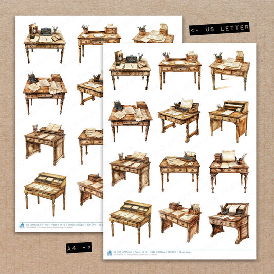 A4 and US Letter format comparison showing Antique Writing Desk fussy cut pages for print and cut crafting