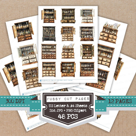 Apothecary Cabinet fussy cut printable sheets for junk journaling, scrapbooking, and paper craft projects