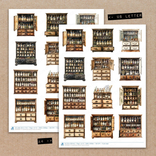 A4 and US Letter format comparison showing Apothecary Cabinet fussy cut pages for print and cut crafting