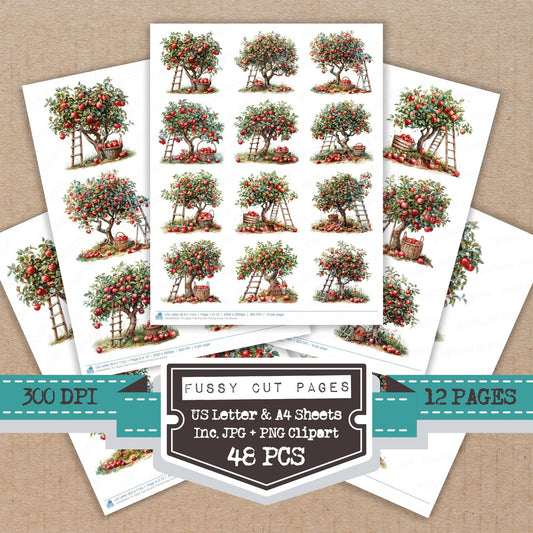 Apple Tree Harvest Picking fussy cut printable sheets for junk journaling, scrapbooking, and paper craft projects
