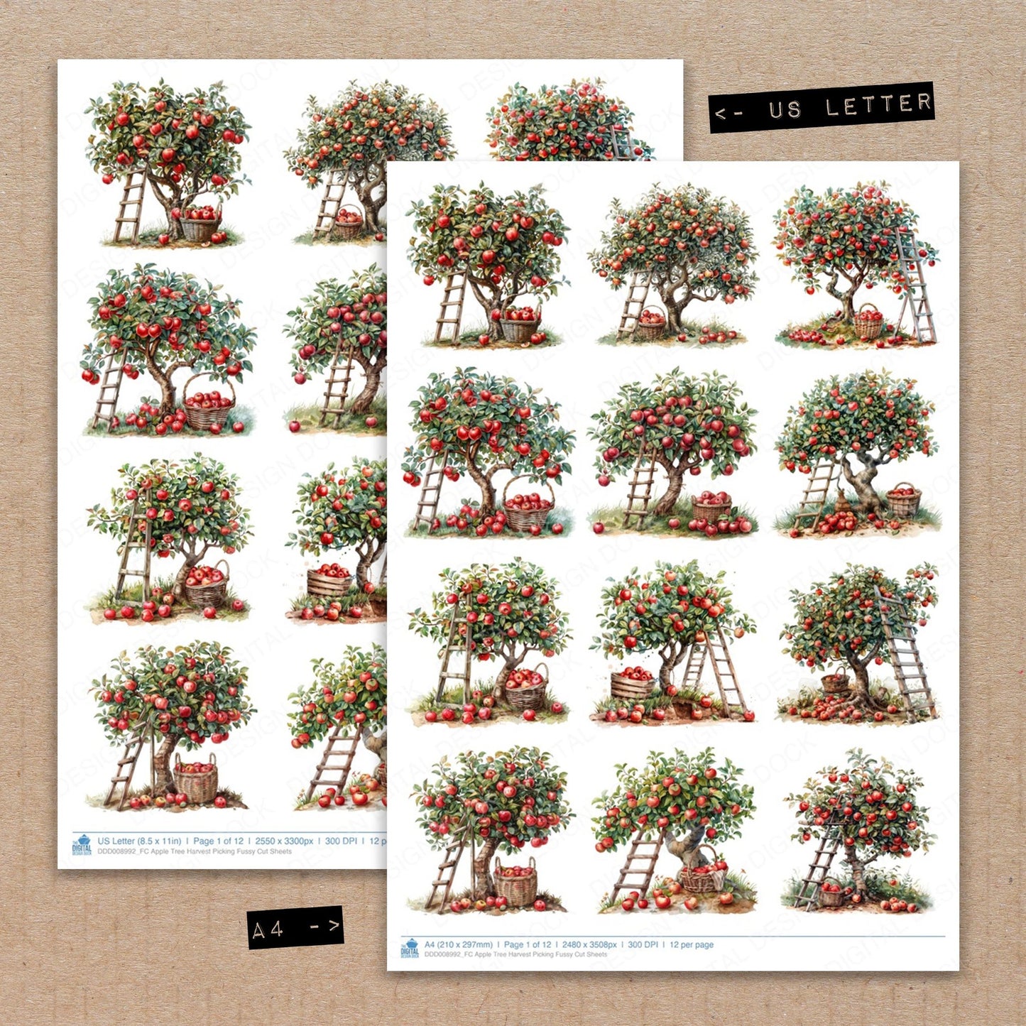 A4 and US Letter format comparison showing Apple Tree Harvest Picking fussy cut pages for print and cut crafting