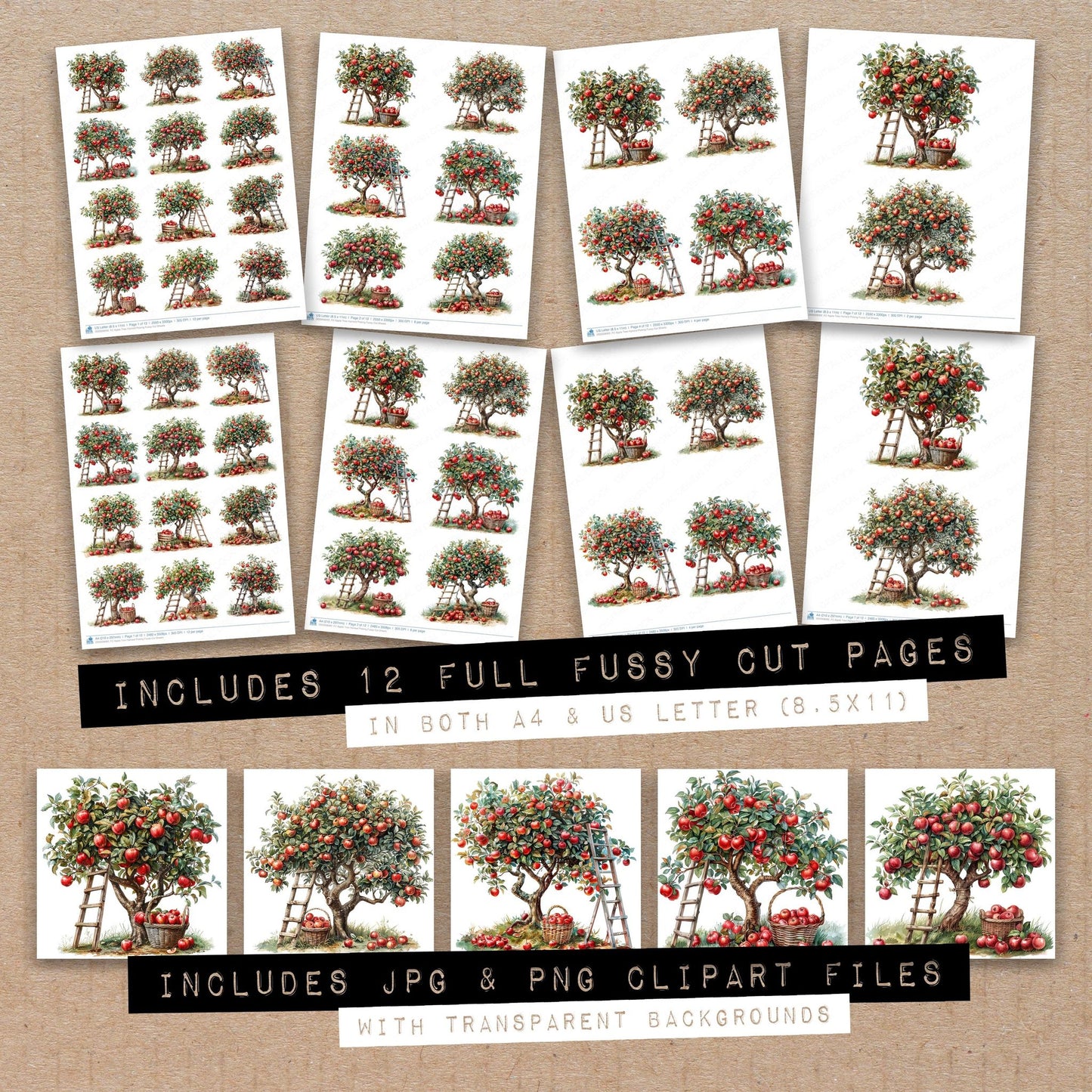 Full collection view of Apple Tree Harvest Picking fussy cut sheets with bonus clipart JPG and PNG files