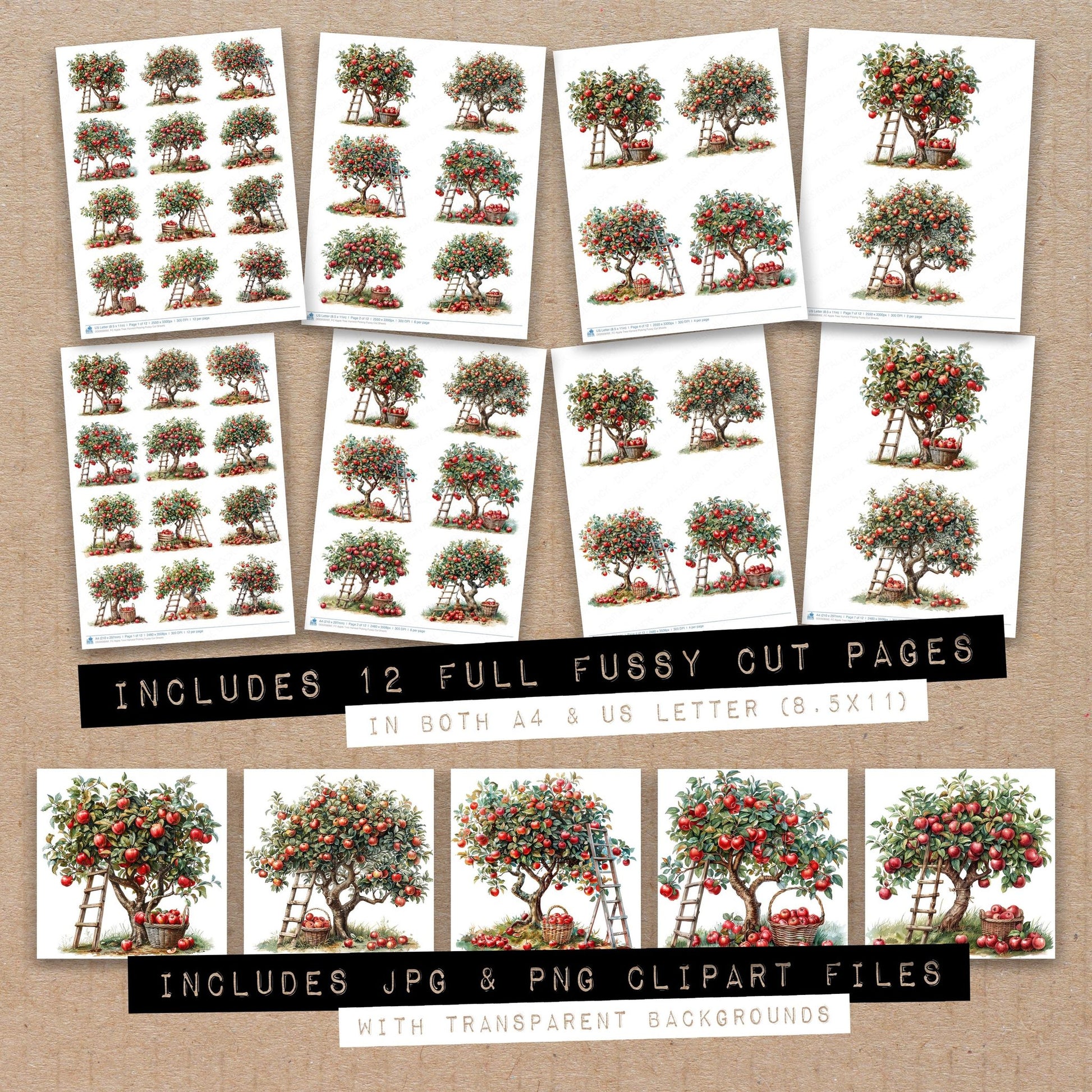 Full collection view of Apple Tree Harvest Picking fussy cut sheets with bonus clipart JPG and PNG files
