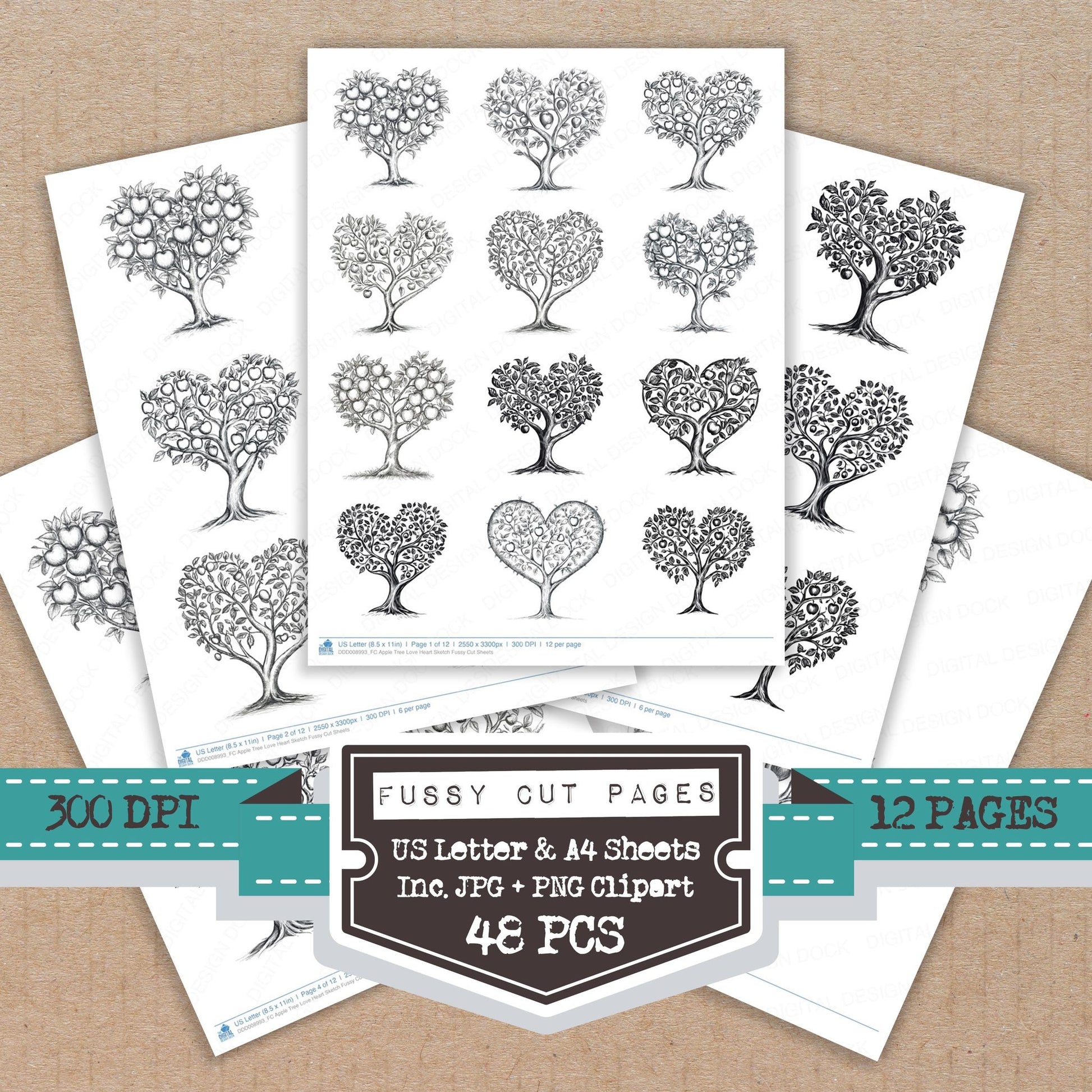 Apple Tree Love Heart Sketch fussy cut printable sheets for junk journaling, scrapbooking, and paper craft projects
