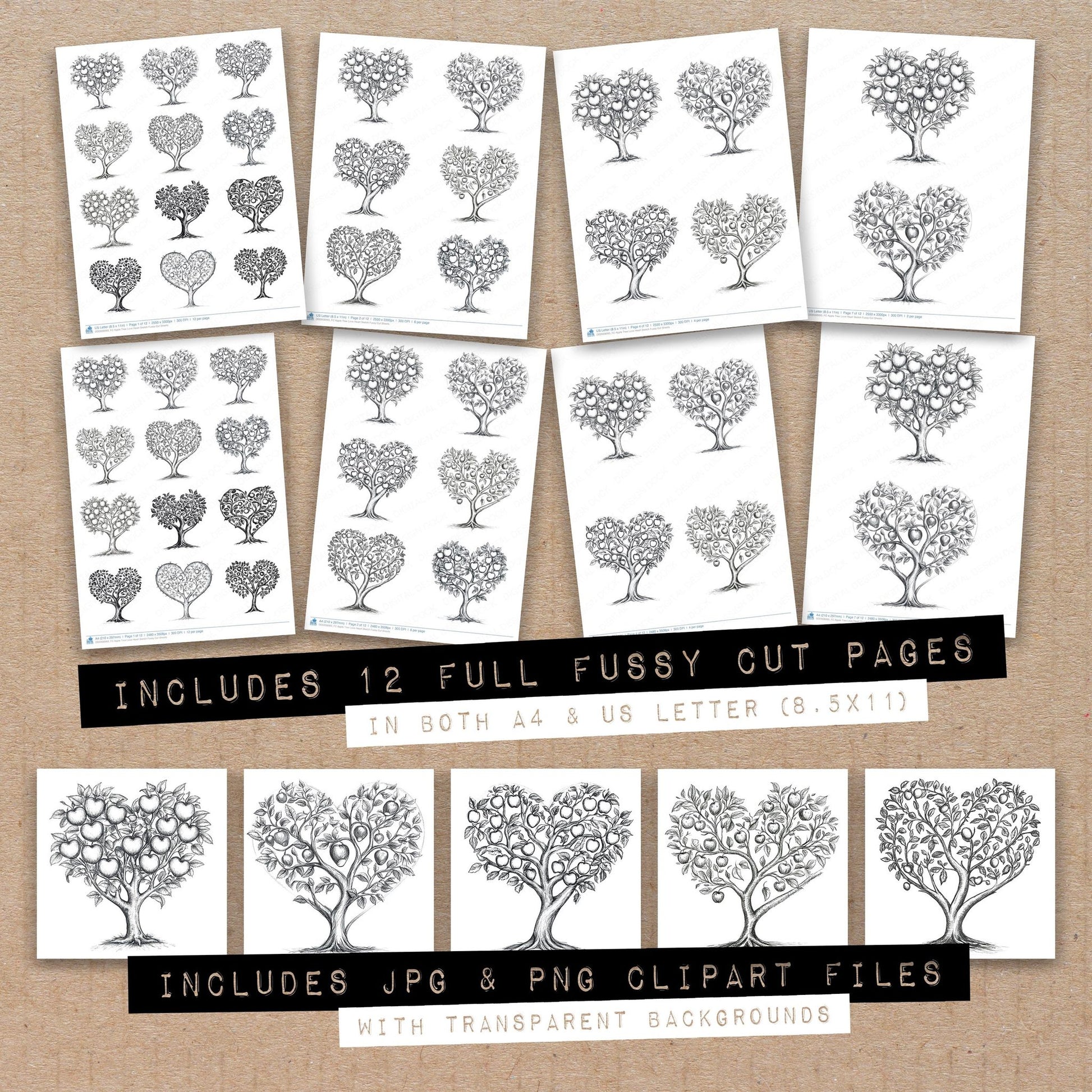 Full collection view of Apple Tree Love Heart Sketch fussy cut sheets with bonus clipart JPG and PNG files
