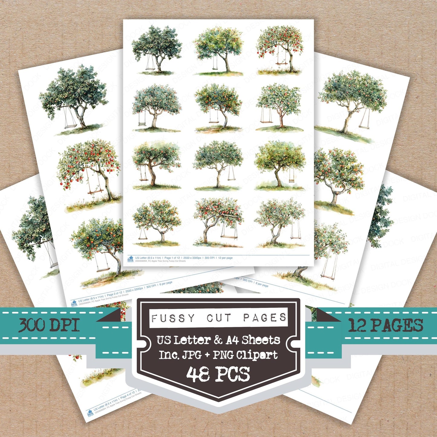 Apple Tree Swing fussy cut printable sheets for junk journaling, scrapbooking, and paper craft projects