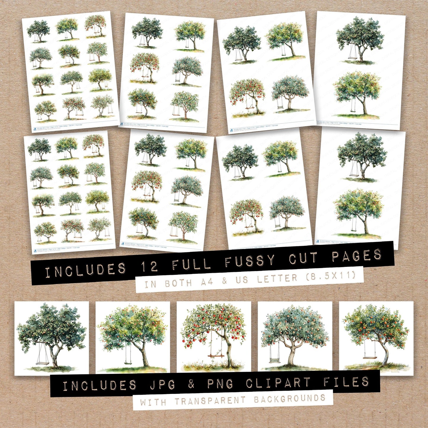 Full collection view of Apple Tree Swing fussy cut sheets with bonus clipart JPG and PNG files