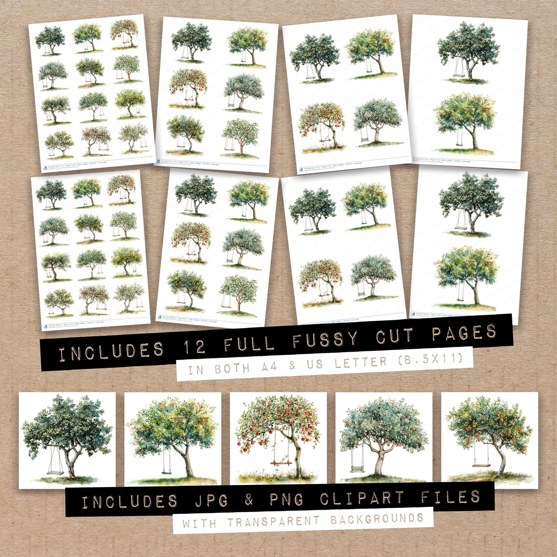 Full collection view of Apple Tree Swing fussy cut sheets with bonus clipart JPG and PNG files