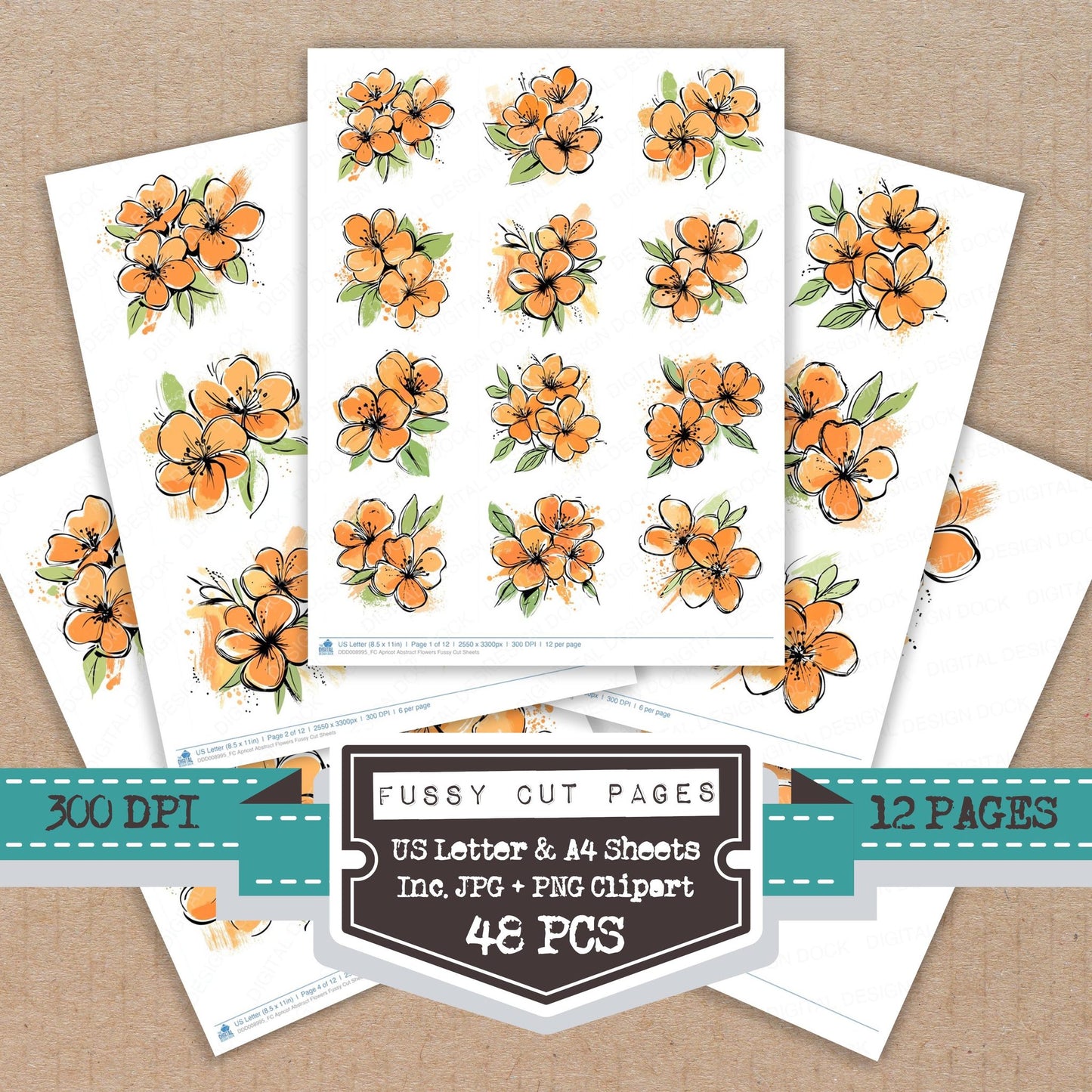 Apricot Abstract Flowers fussy cut printable sheets for junk journaling, scrapbooking, and paper craft projects
